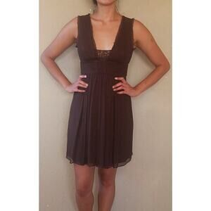 Y2K BCBG Max Azria $189 Beaded Vtg Chocolate Brown Cocktail Silk Dress Sz 4